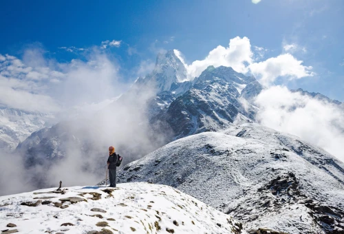 A lone trekker in the Nepal Himalayas.