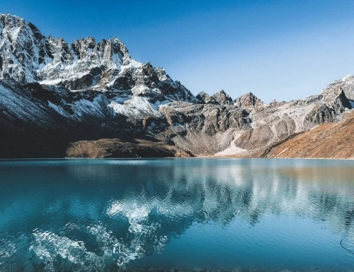 Beautiful Himalayan lake surrounded by mountains in Nepal