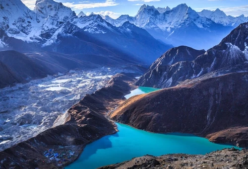 Turquoise Gokyo Lakes surrounded by snow-capped Himalayan peaks in Nepal's Everest region.