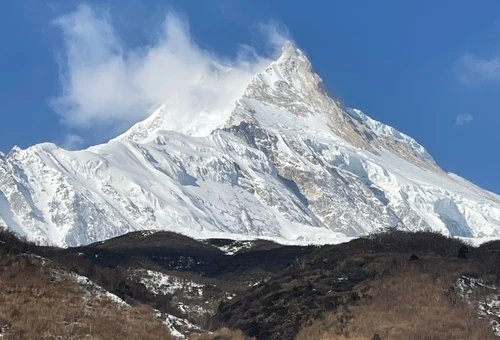 Mt. Manaslu and Himalayan landscape on the Manaslu Circuit Trek