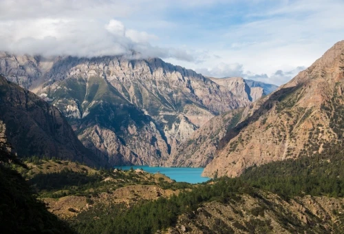 Shey Phoksundo Lake with turquoise water surrounded by dramatic Himalayan cliffs in Dolpo, Nepal