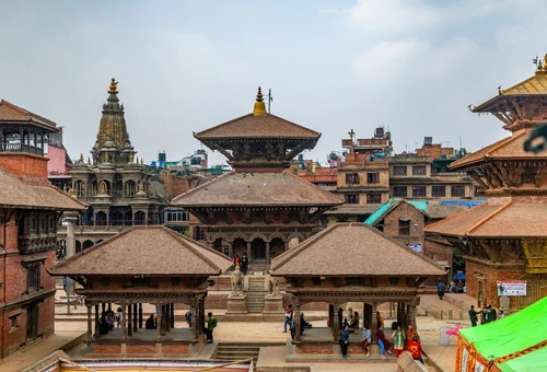 Historic temples and traditional Newari architecture at Patan Durbar Square in Lalitpur, Nepal