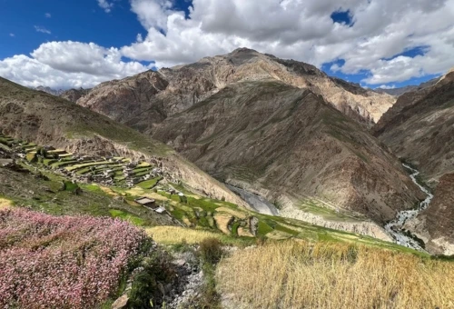 Panoramic view of Upper Dolpo with rugged Himalayan mountains, ancient Tibetan-style villages, and dramatic high-altitude landscapes in western Nepal.