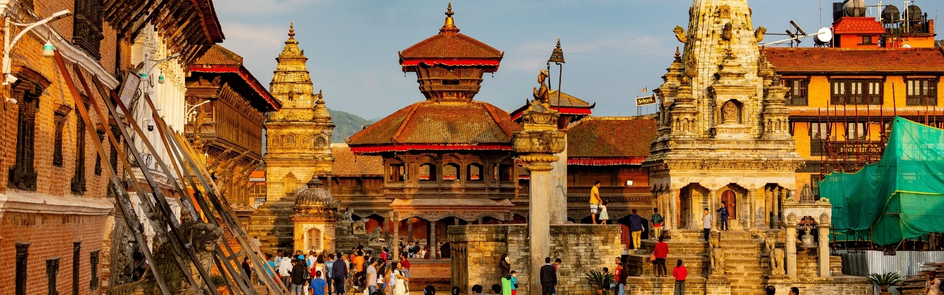 Panoramic view of Bhaktapur Durbar Square featuring historic temples, royal palaces, and traditional Newar architecture.