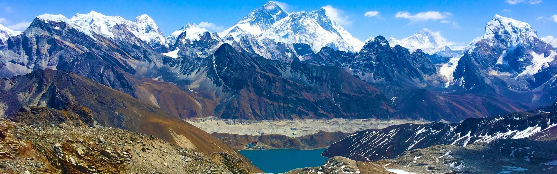 Panoramic view of the Gokyo Lakes with the Ngozumpa Glacier and Himalayan mountains in the Everest region.