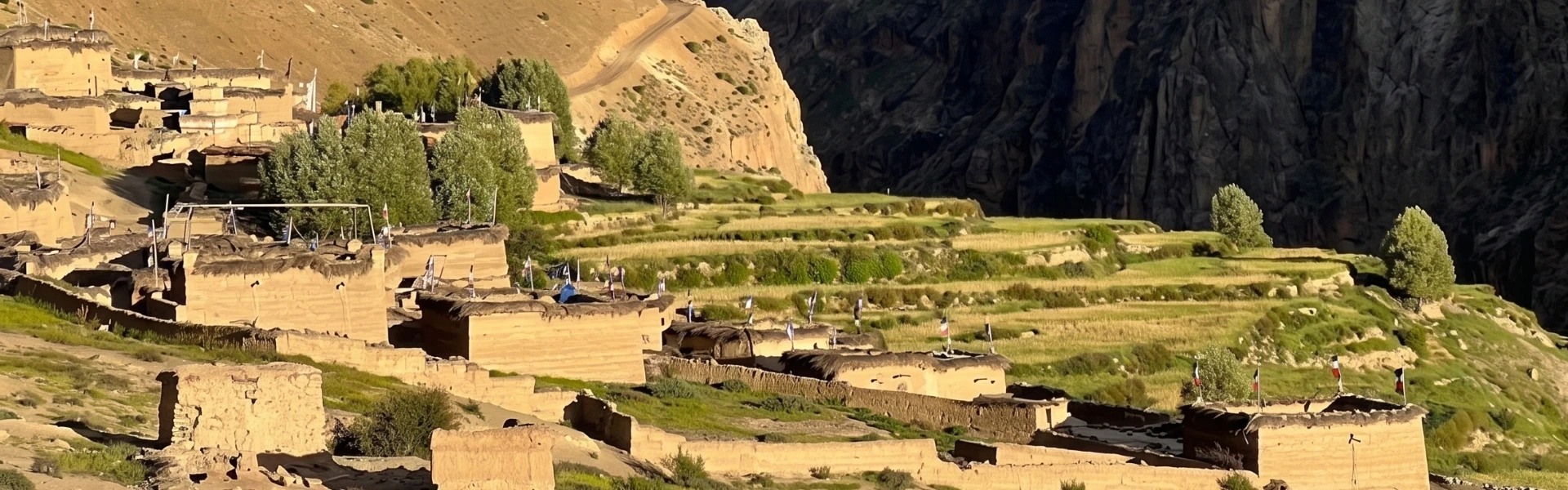 Traditional mud houses and terraced fields in a remote Upper Dolpo village surrounded by dramatic Himalayan cliffs and dry mountain landscapes.