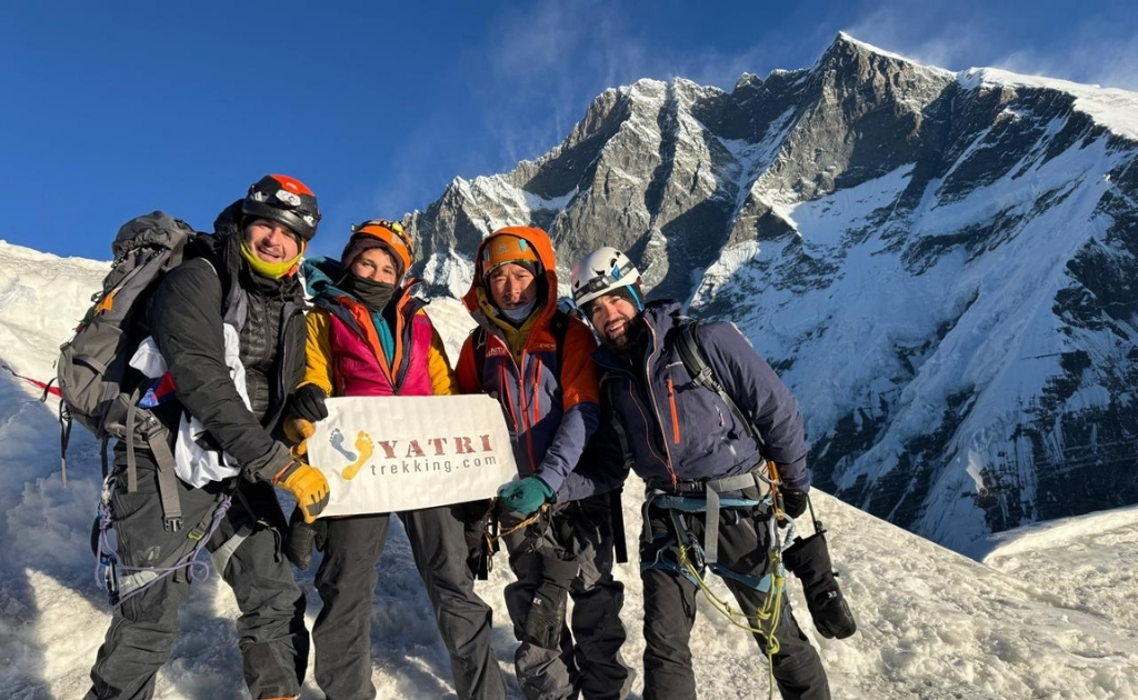 Climbers ascending Island Peak at 6189 meters in Nepal