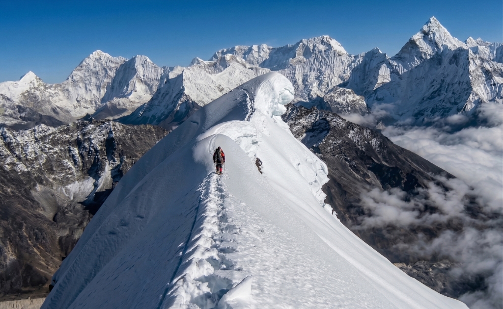 Climber ascending a narrow snow ridge on Baruntse Peak with dramatic Himalayan mountains in the background