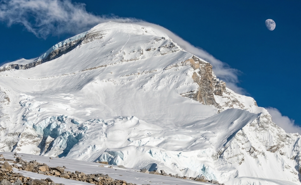 Cho Oyu peak rising above glaciers and snowfields in the Everest region near the Nepal-Tibet border