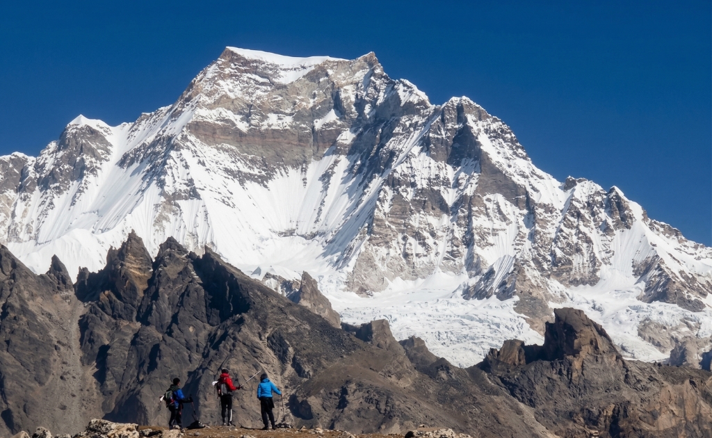 Snow-covered Gyachung Kang Peak rising between Everest and Cho Oyu in the high Himalayas of Nepal