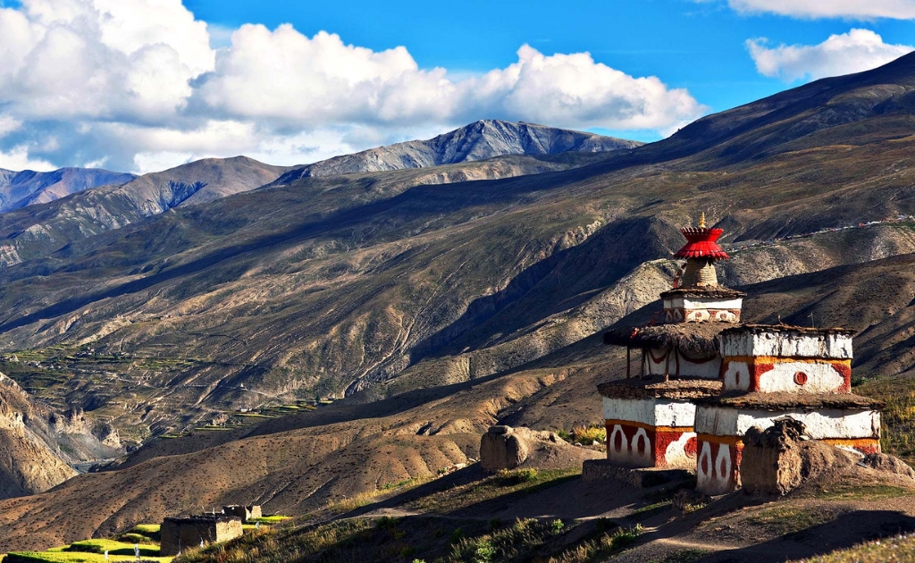 Ancient Shey Gompa monastery surrounded by barren Himalayan landscapes in the remote Upper Dolpo region of Nepal.
