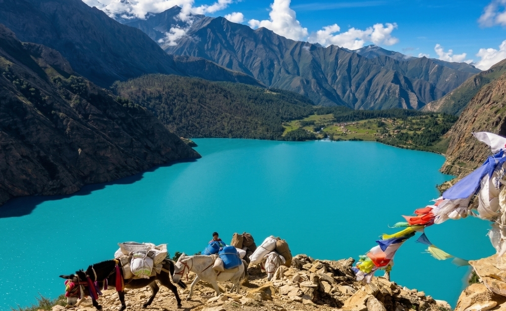 Crystal-clear turquoise waters of Shey Phoksundo Lake surrounded by rocky cliffs, alpine forests, and Himalayan mountains in Dolpo, Nepal.