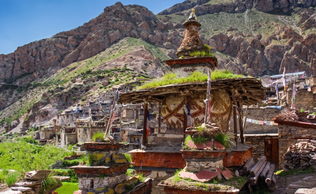 Traditional Tibetan-style houses and local villagers in Saldang village of Upper Dolpo, Nepal.
