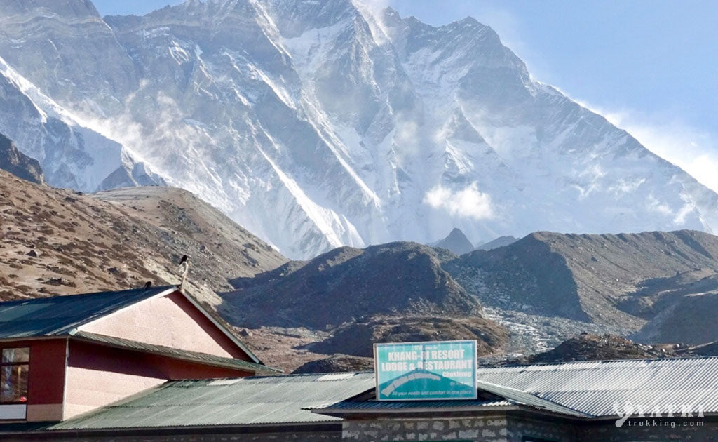 Dingboche village in the Khumbu Valley with Mount Everest rising in the background, Nepal