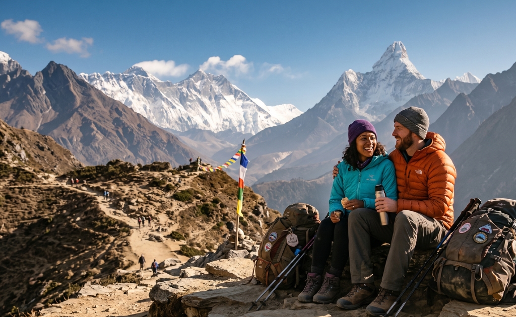 Couple trekking on the trail to Everest Base Camp with stunning Himalayan mountains and colorful prayer flags in Nepal.