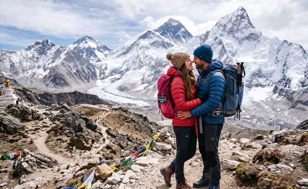 Romantic couple sharing a special moment on the Everest Base Camp Trek with breathtaking Himalayan mountain views.