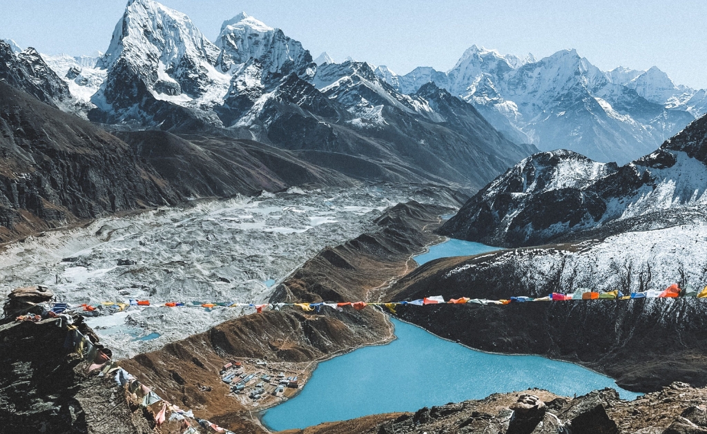 Prayer flags overlooking the sacred Gokyo Lakes in Nepal's Everest region.