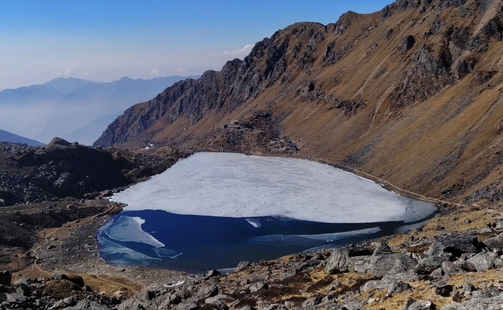 Sacred Gosaikunda Lake in Langtang National Park during clear autumn weather