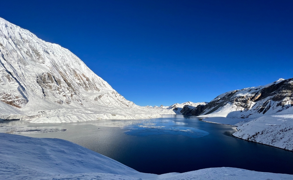 Tilicho Lake in the Annapurna region surrounded by snow-covered Himalayan peaks