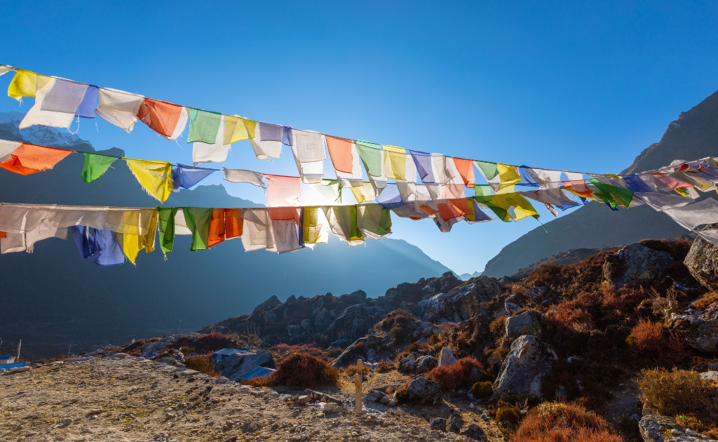 Langtang Valley Trek during autumn with blue skies, dry trails, and stunning Himalayan landscapes.