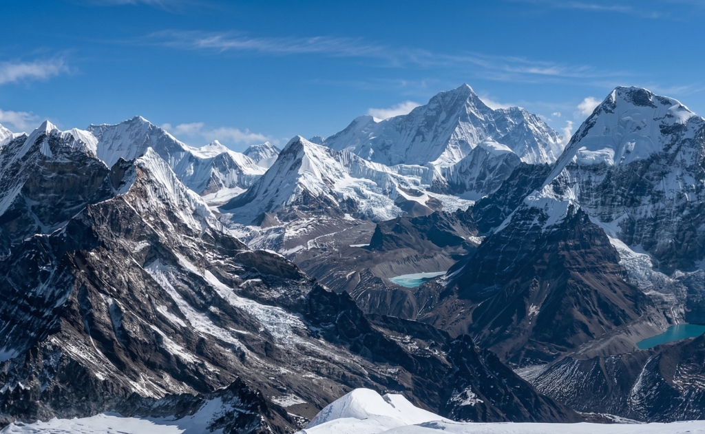 Close-up view of Mount Makalu from base camp with glacier and rocky terrain