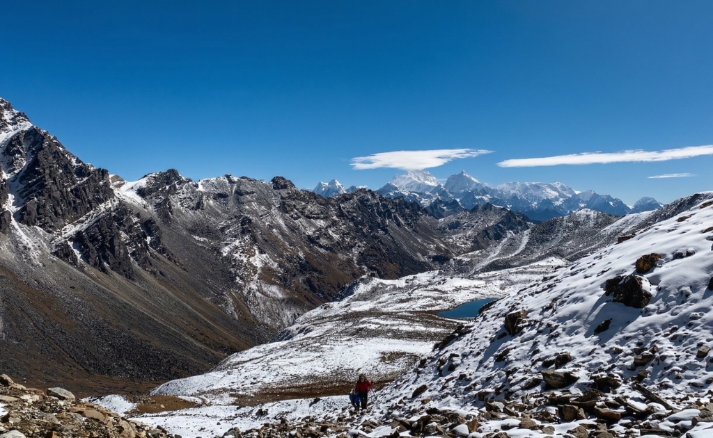 Stunning view of Mount Makalu from base camp with snow-covered peaks and rugged Himalayan landscape
