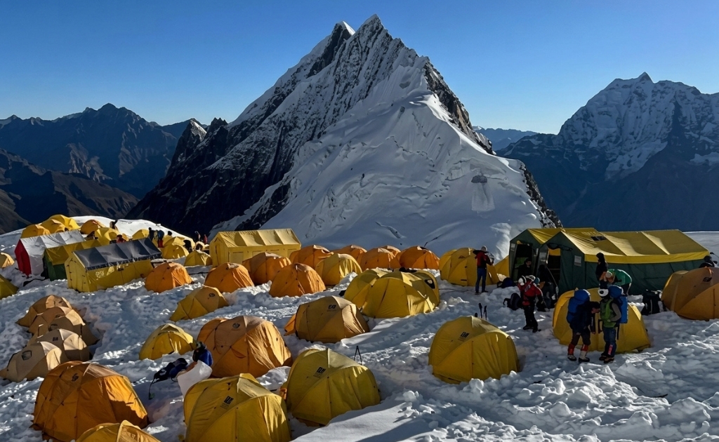 Manaslu Base Camp surrounded by glaciers and Himalayan mountains