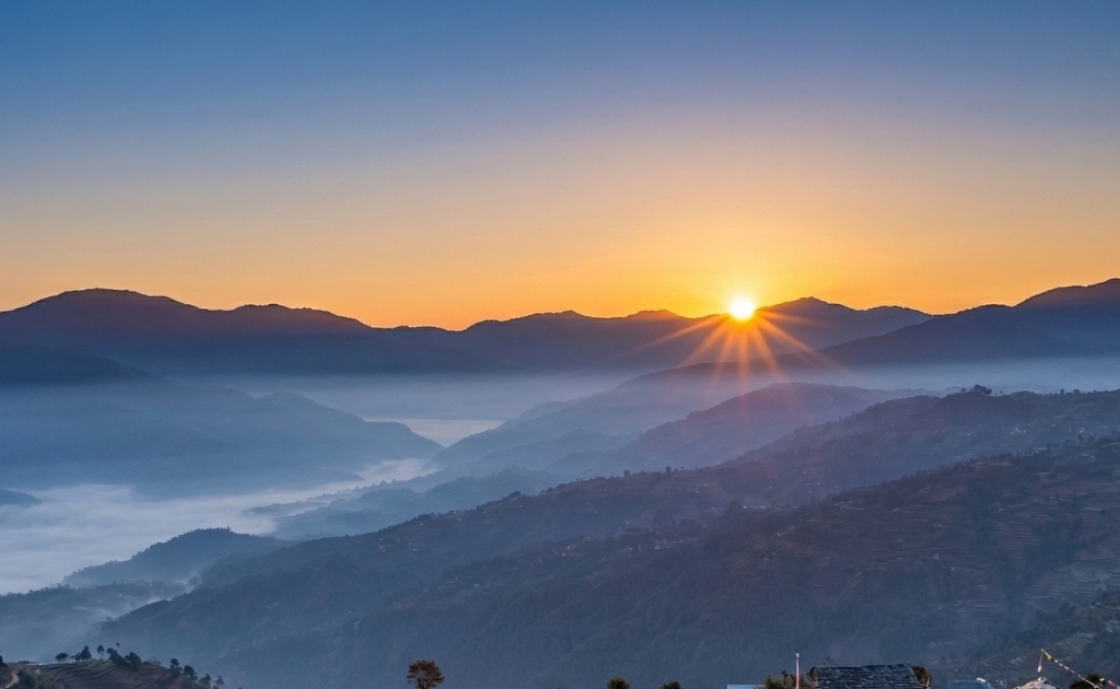 Early morning sunrise over Langtang range from Dhulikhel viewpoint near Kathmandu
