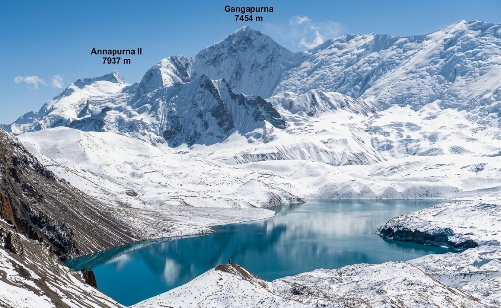 Mountaineers climbing the technical slopes of Tilicho Peak