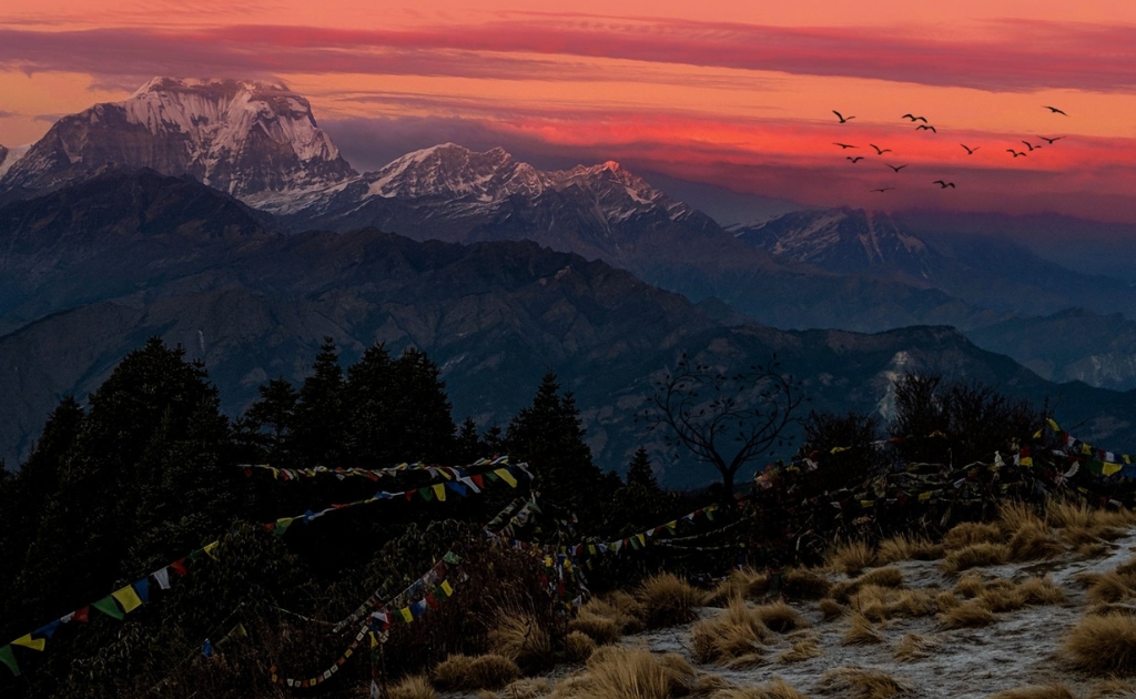 Sunset view from Poon Hill with Annapurna and Dhaulagiri mountain ranges in Nepal