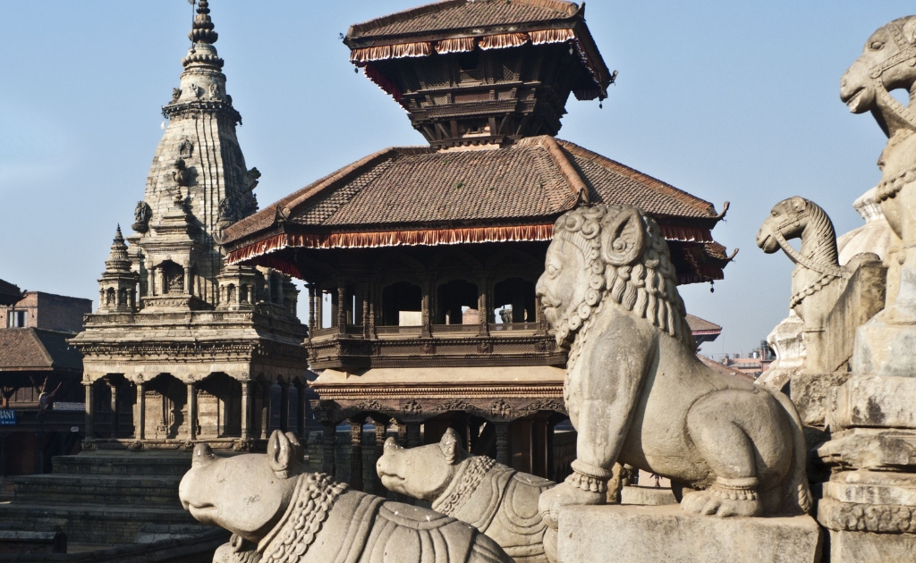 Bhaktapur Durbar Square featuring the 55-Window Palace, Nyatapola Temple, and medieval Newar architecture.