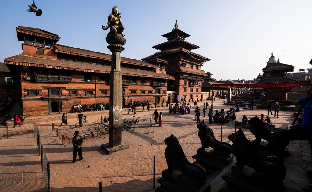 Kathmandu Durbar Square featuring Hanuman Dhoka Palace, Kumari Ghar, and ancient Hindu temples in Nepal.