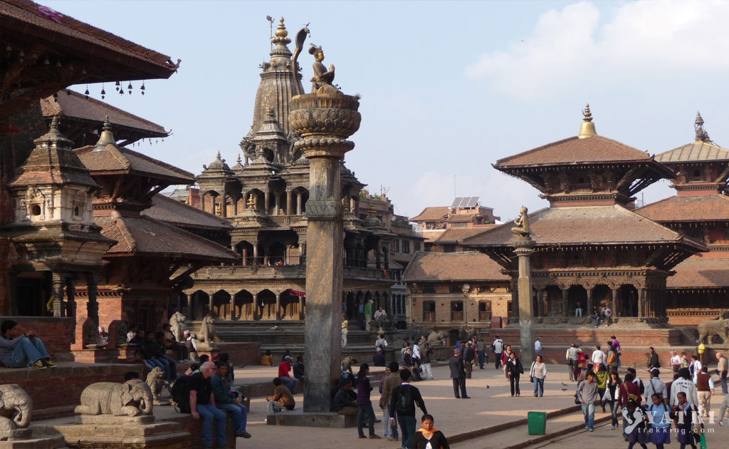 Patan Durbar Square with Krishna Mandir, traditional Newar temples, and historic palace courtyards in Lalitpur, Nepal.