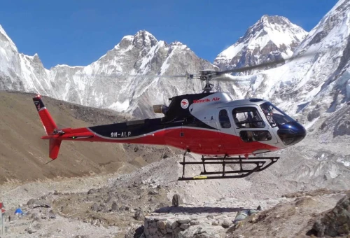 Aerial view of Everest Base Camp during helicopter return flight